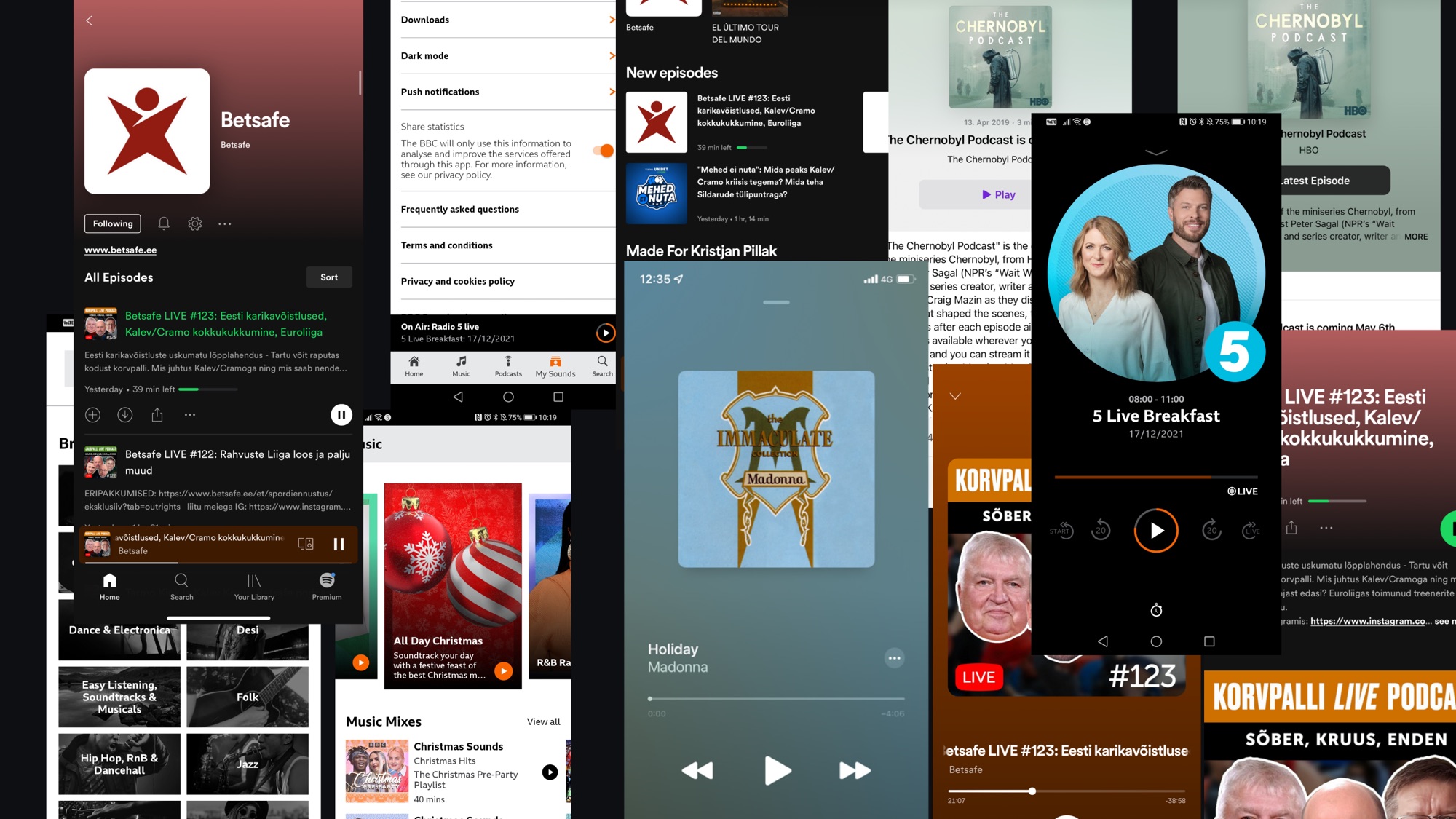 Screens collected from existing radio and podcast apps during the teardown, including Spotify and BBC Sounds